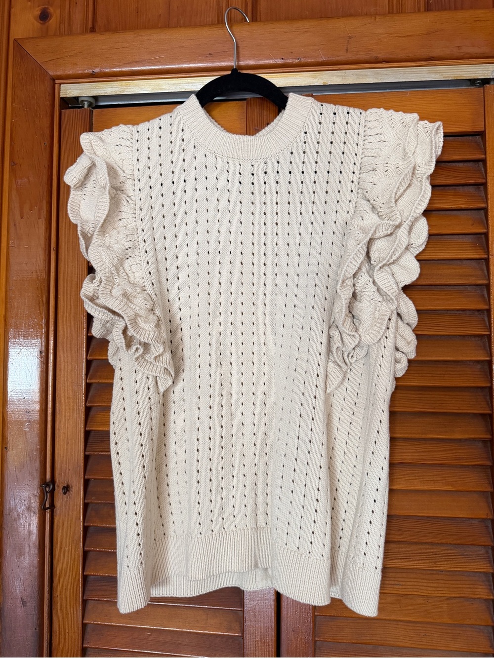 Who What Wear Cream Ruffle Sleeve Open-Knit Sweater
